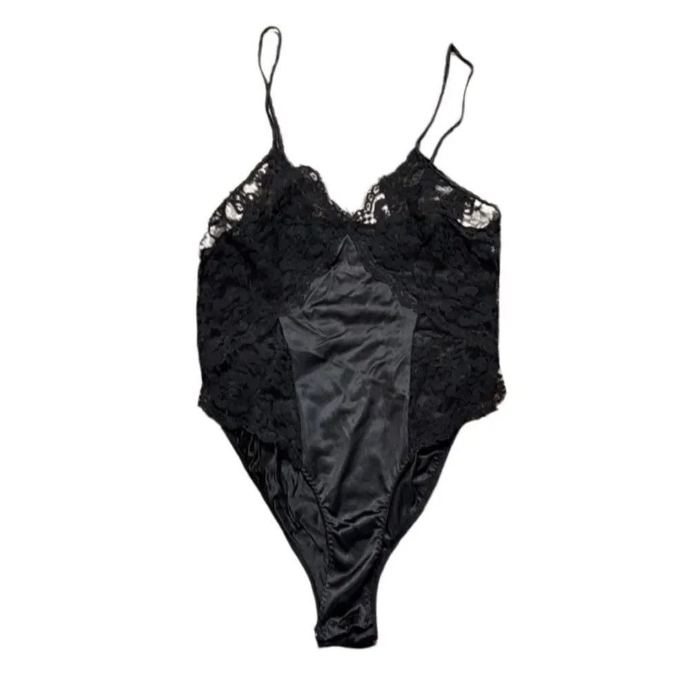 70s Vintage Lace and Nylon Black Bodysuit Teddy Medium